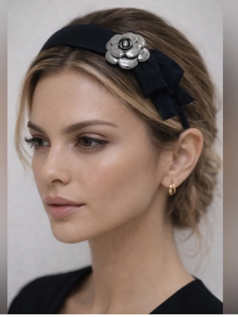 Authentic Chanel Pewter Color Camellia CC Logo Flower Piece to Headband